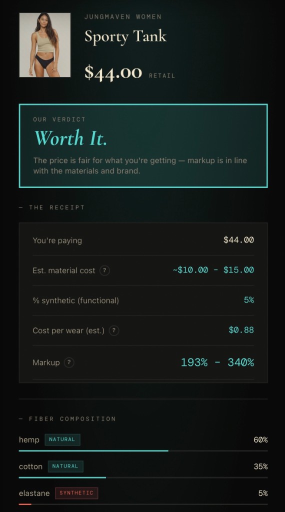 Product breakdown with verdict and receipt